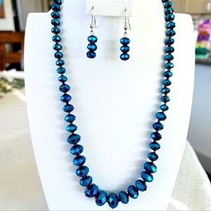 Vintage Blue Prism Beaded Adjustable Necklace & Matching Drop Earrings
